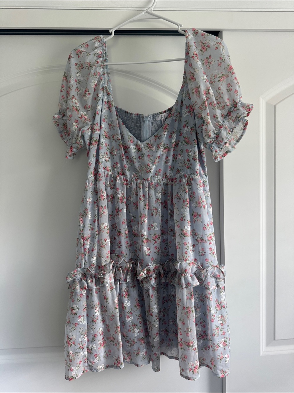 Floral Puff-Sleeve Tiered Mini Dress - Light Blue